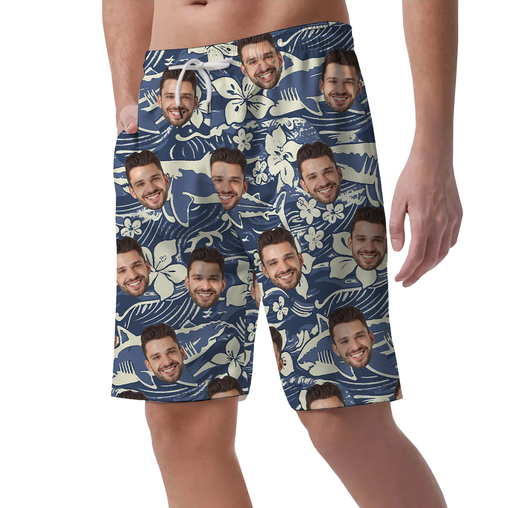 Custom Face Navy Shark Vintage Men's Beach Shorts