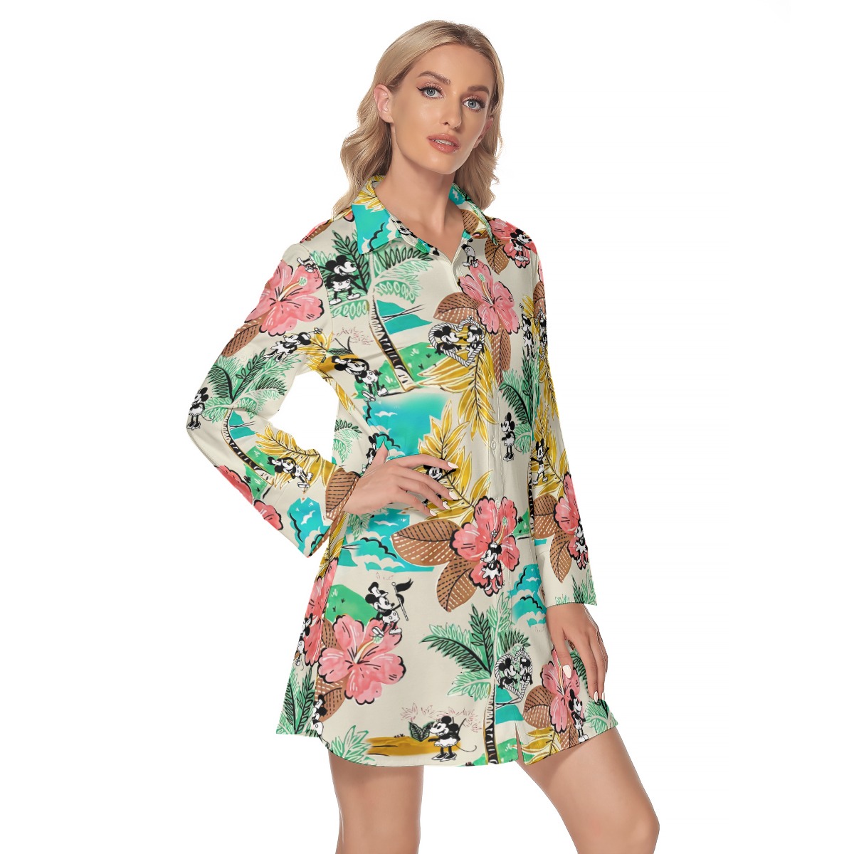 Steamboat Willie Mickey Minnie Women's Lapel Shirt Dress