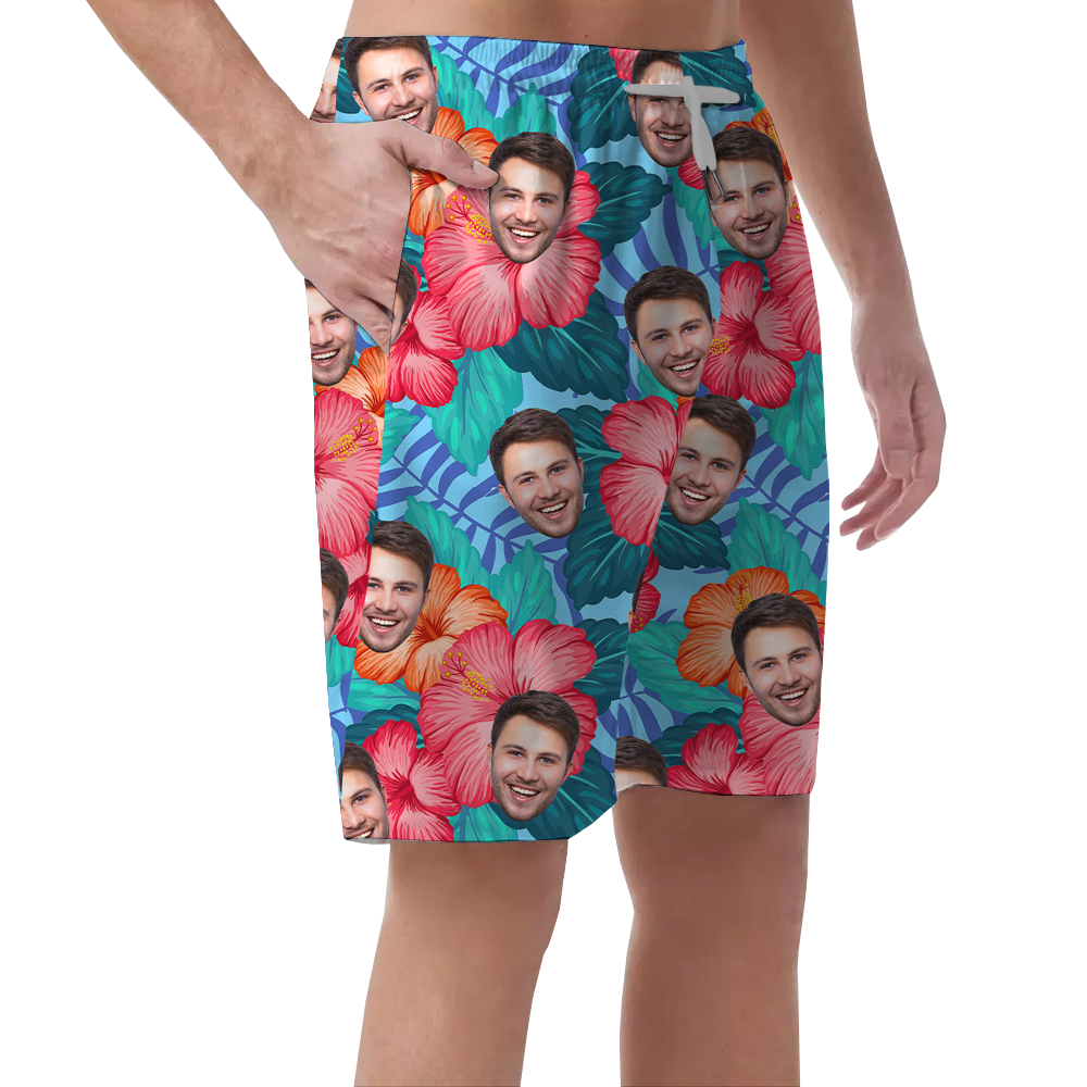 Custom Face Hibiscus Blue Men's Beach Shorts