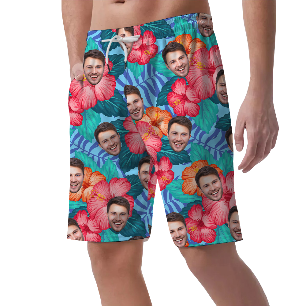 Custom Face Hibiscus Blue Men's Beach Shorts
