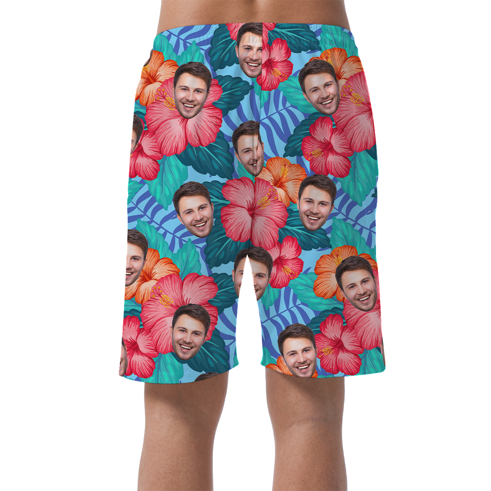 Custom Face Hibiscus Blue Men's Beach Shorts