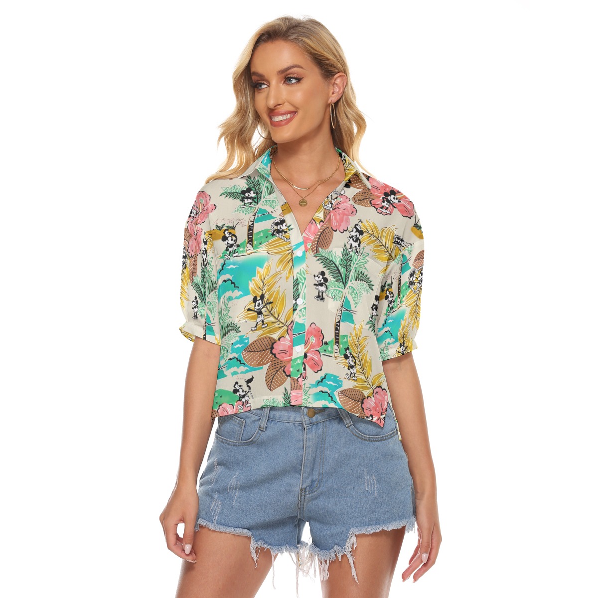 Tropical Leaves Mickey Minnie Women Cropped Shirt Hawaiian Style Steamboat Willie - variant image 1