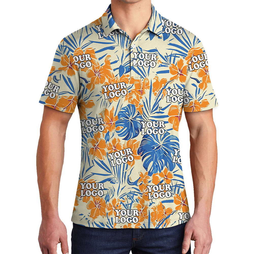 Custom Company Logo Floral Orange Hawaiian Polo Shirt - variant image 1