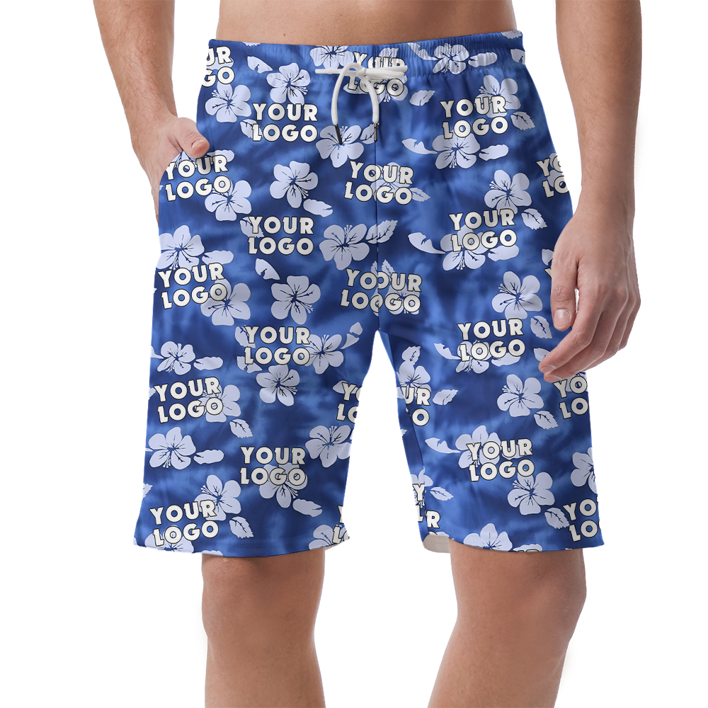 Custom Blue Hibiscus Hawaiian Beach Shorts With Team Logo - variant image 1