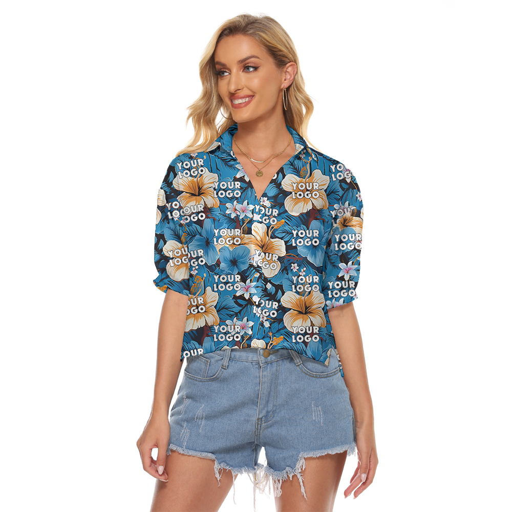 Hibiscus Blue Hawaiian Cropped Shirt With Custom Company Logo - variant image 1
