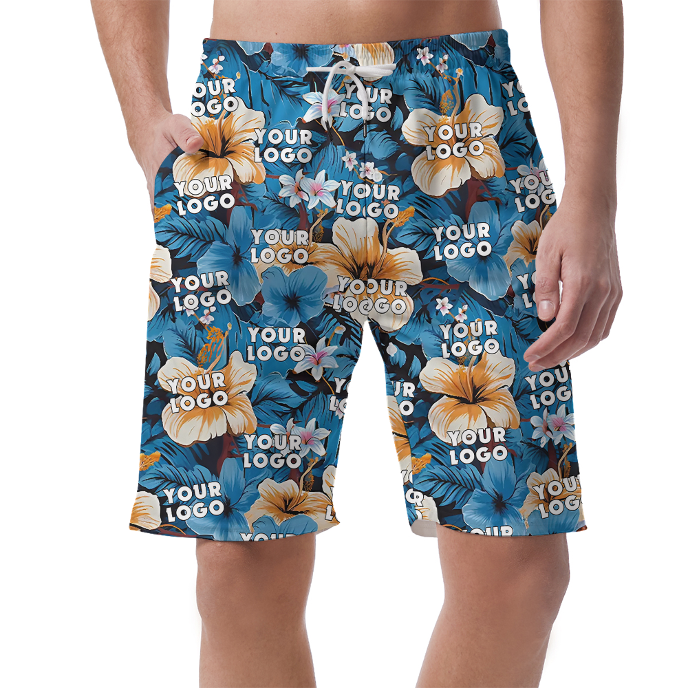 Blue Hibiscus Hawaiian Beach Shorts With Custom Logo - variant image 1