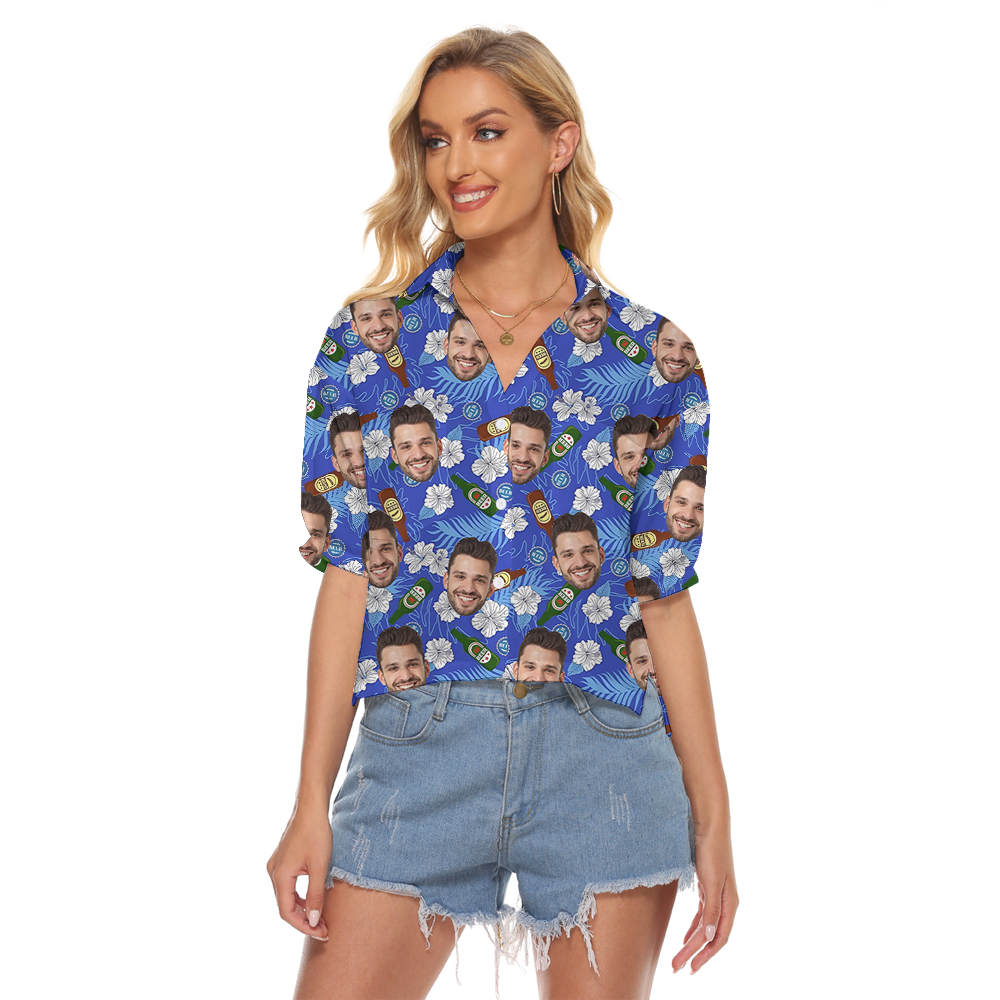 Funny Custom Face Floral Beer Hawaiian Crop Top Shirt - variant image 1