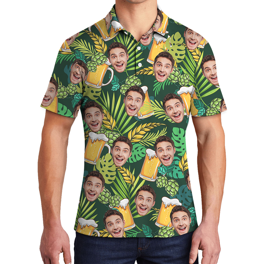 Custom Face Green Tropical Beer Hawaiian Polo Shirt - variant image 1