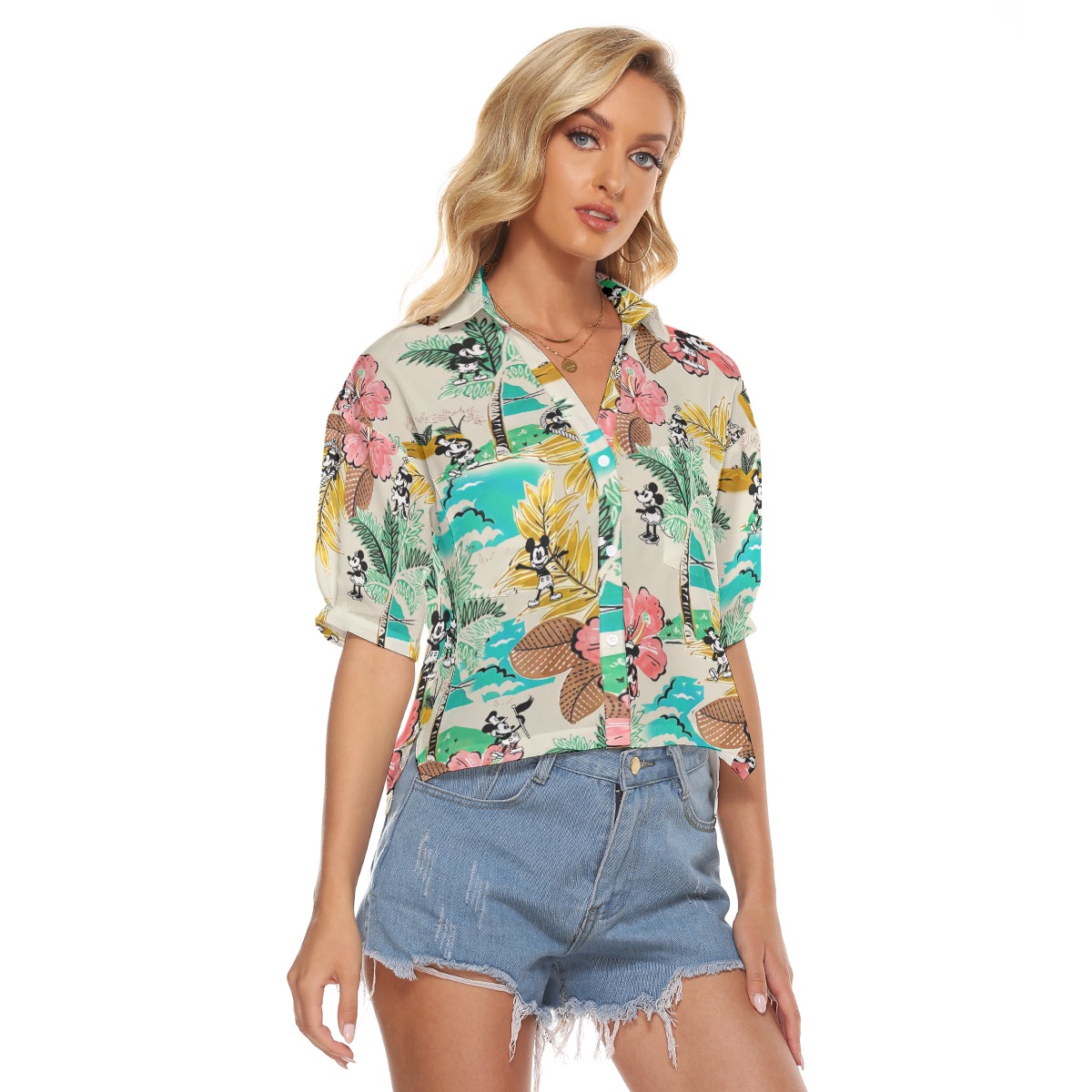 Tropical Leaves Mickey Minnie Women Cropped Shirt Hawaiian Style Steamboat Willie