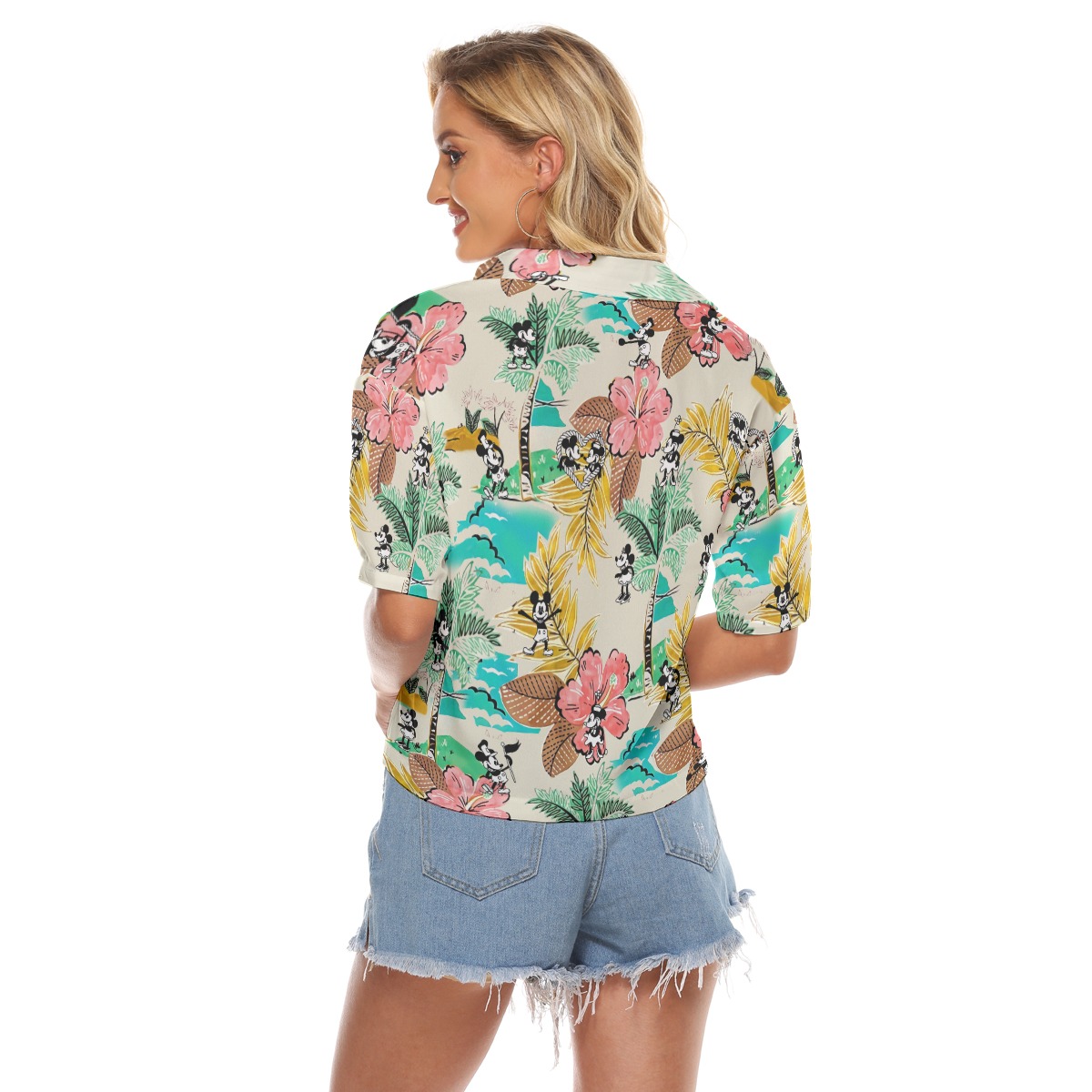 Tropical Leaves Mickey Minnie Women Cropped Shirt Hawaiian Style Steamboat Willie