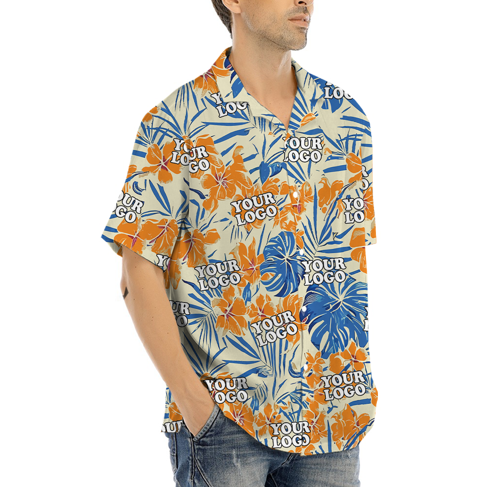 Tropical Hibiscus Orange Hawaiian Shirt With Custom Company Logo