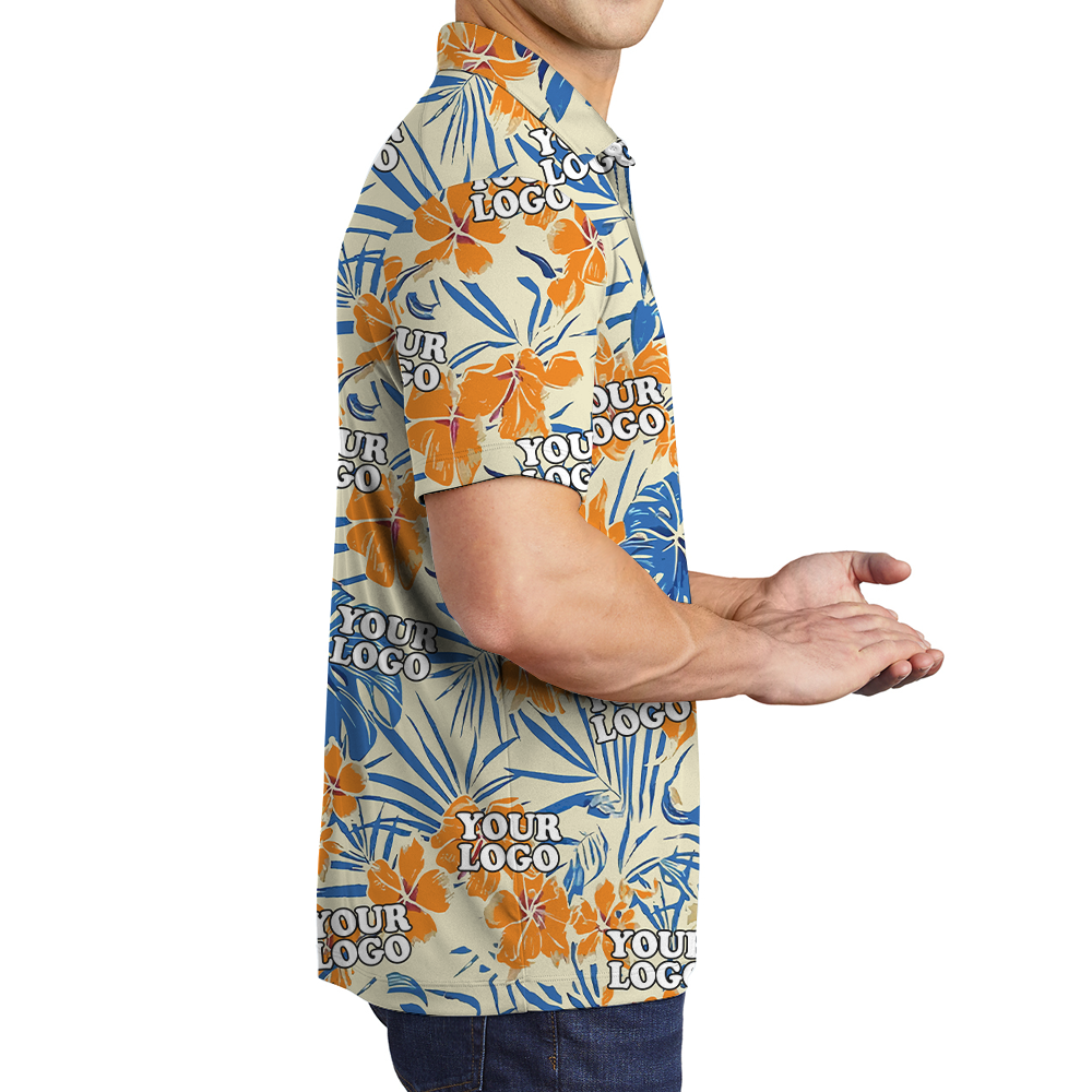 Custom Company Logo Floral Orange Hawaiian Polo Shirt