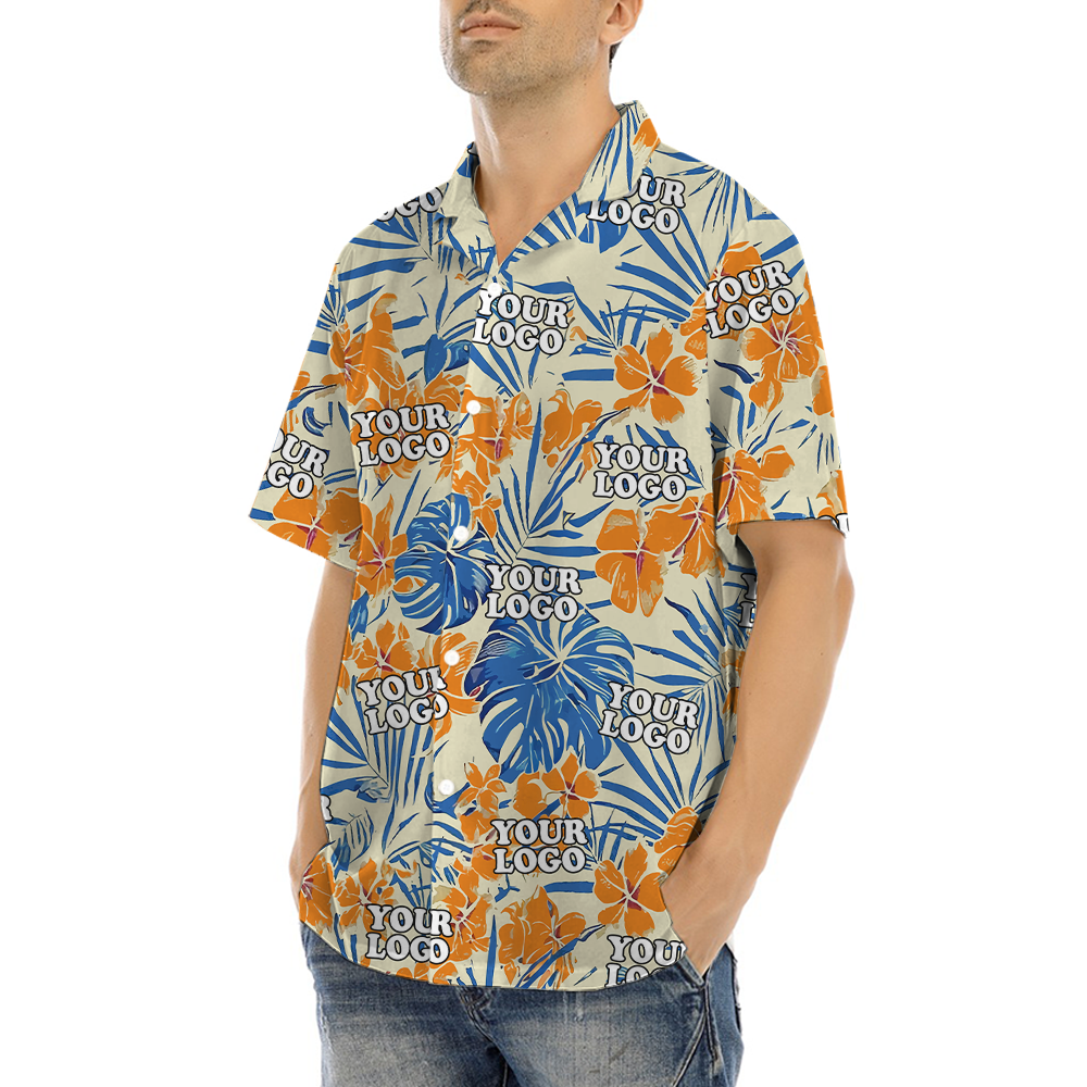 Tropical Hibiscus Orange Hawaiian Shirt With Custom Company Logo
