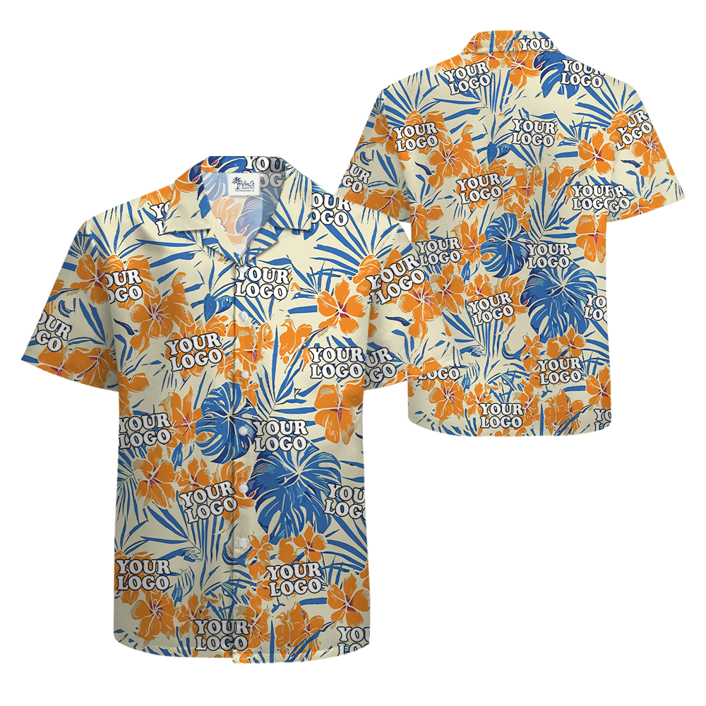 Tropical Hibiscus Orange Hawaiian Shirt With Custom Company Logo