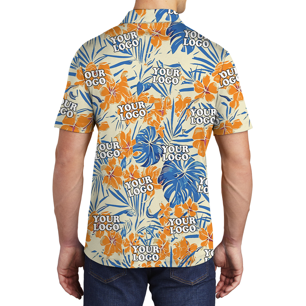 Custom Company Logo Floral Orange Hawaiian Polo Shirt