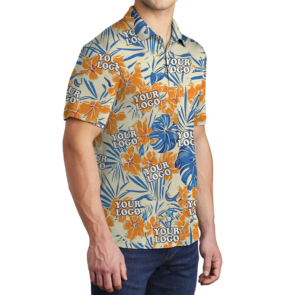 Custom Company Logo Floral Orange Hawaiian Polo Shirt