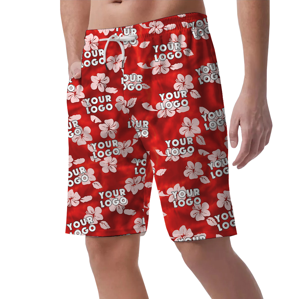 Custom Company Logo Hibiscus Classic Hawaiian Beach Shorts For Men