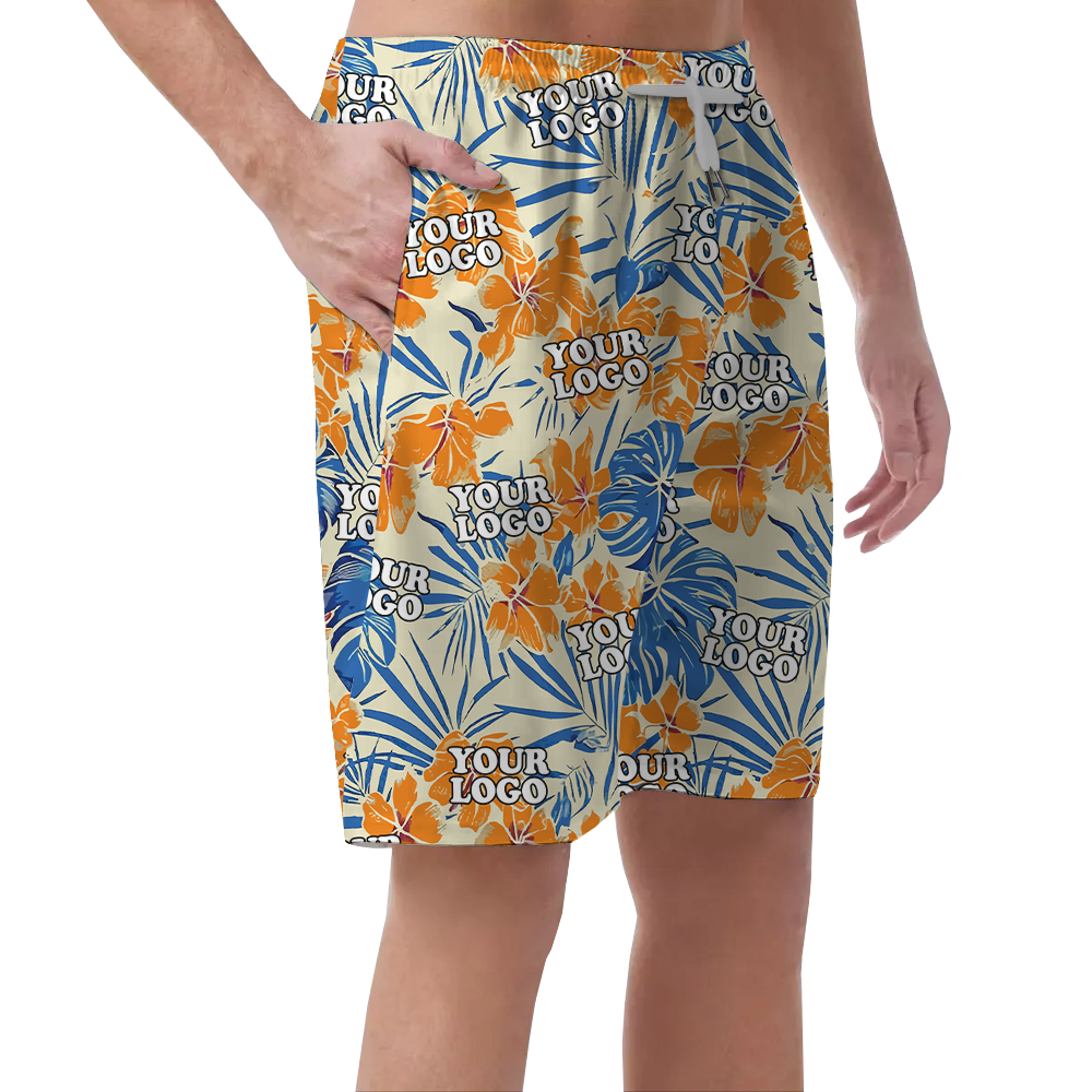 Custom Floral Orange Beach Shorts With Company Logo