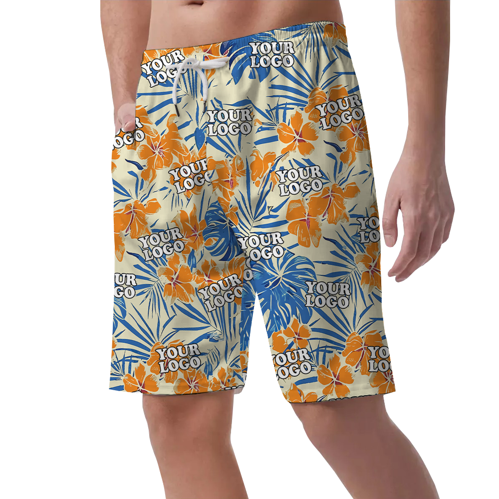 Custom Floral Orange Beach Shorts With Company Logo