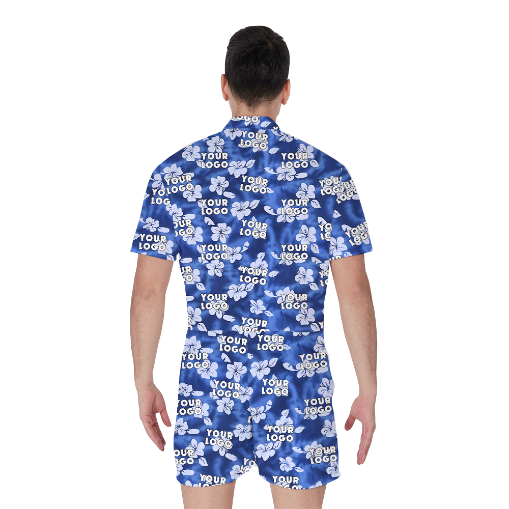 Classic Hibiscus Blue Hawaiian Romper With Custom Logo