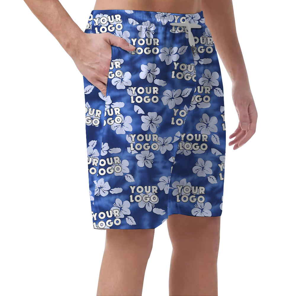 Custom Blue Hibiscus Hawaiian Beach Shorts With Team Logo