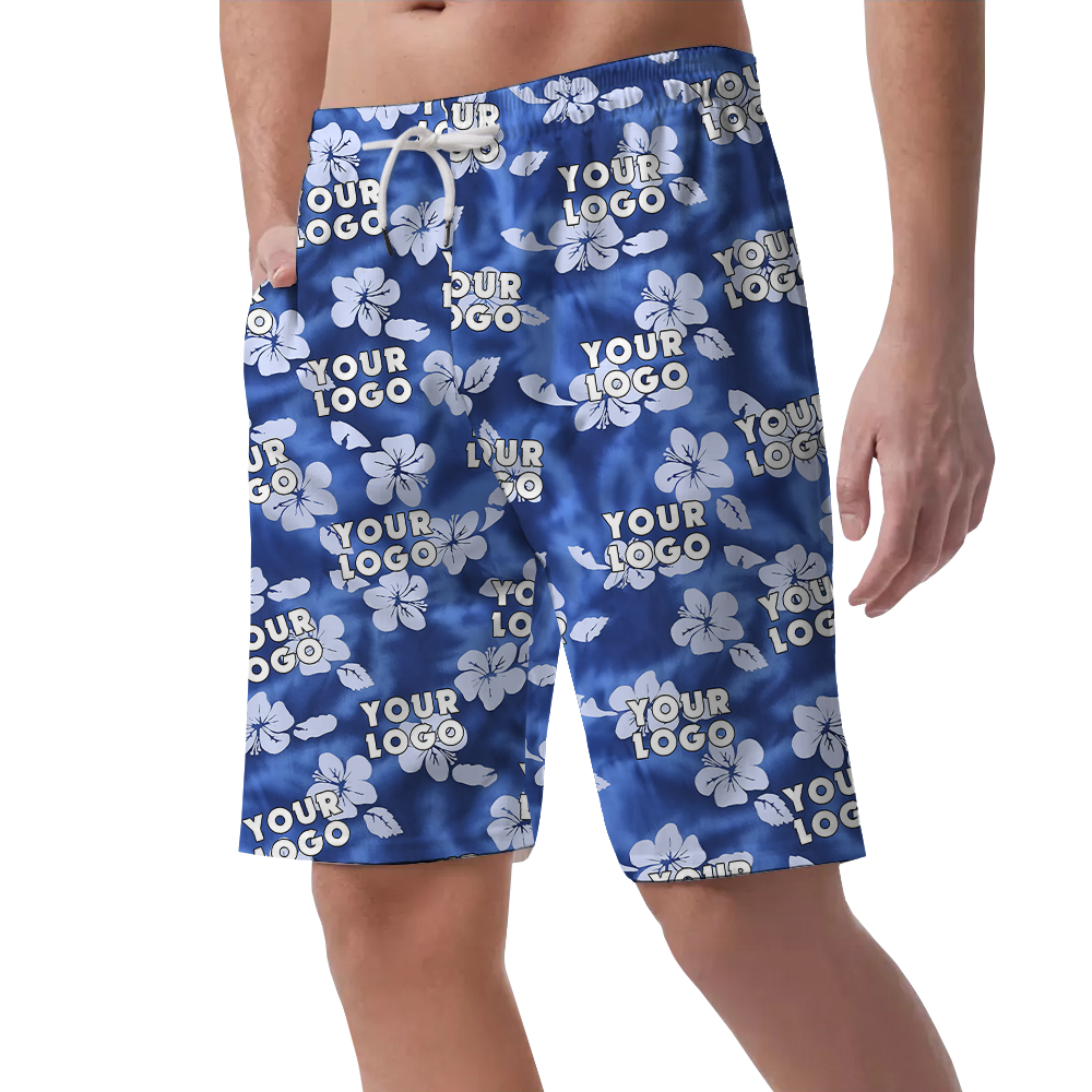 Custom Blue Hibiscus Hawaiian Beach Shorts With Team Logo