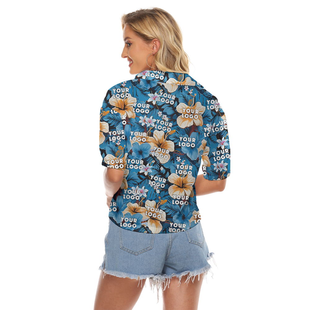 Hibiscus Blue Hawaiian Cropped Shirt With Custom Company Logo