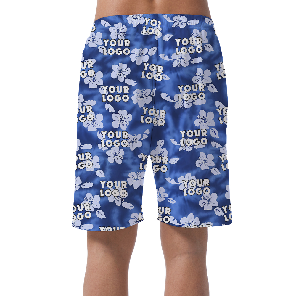 Custom Blue Hibiscus Hawaiian Beach Shorts With Team Logo