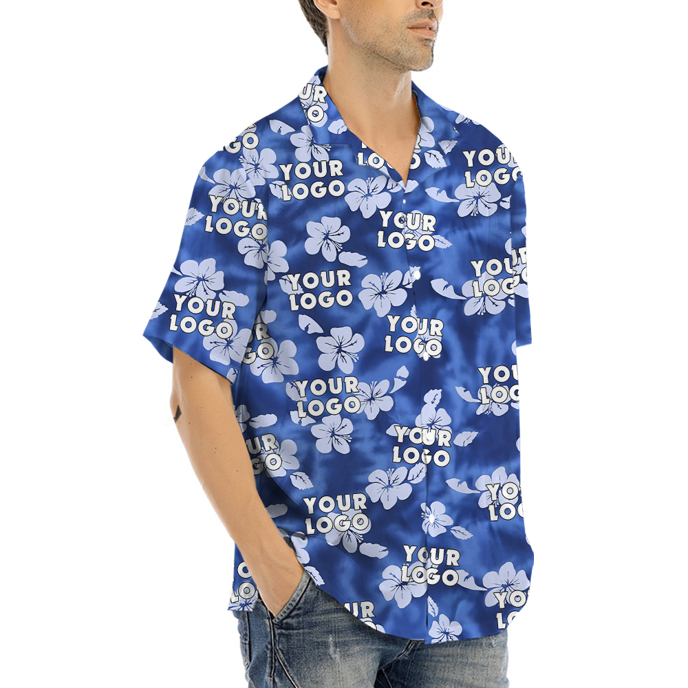 Vintage Hibiscus Blue Hawaiian Shirt With Custom Company Logo
