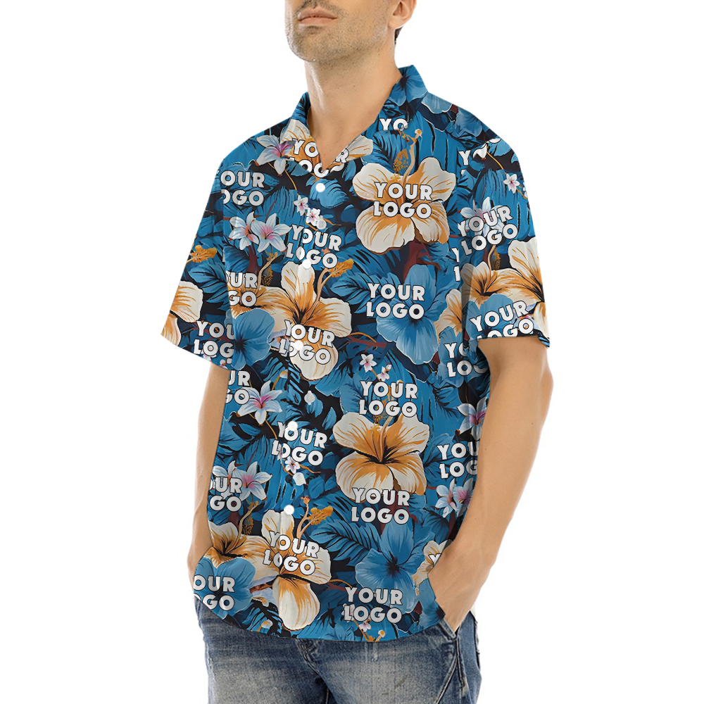 Custom Company Logo Tropical Blue Hawaiian Shirt
