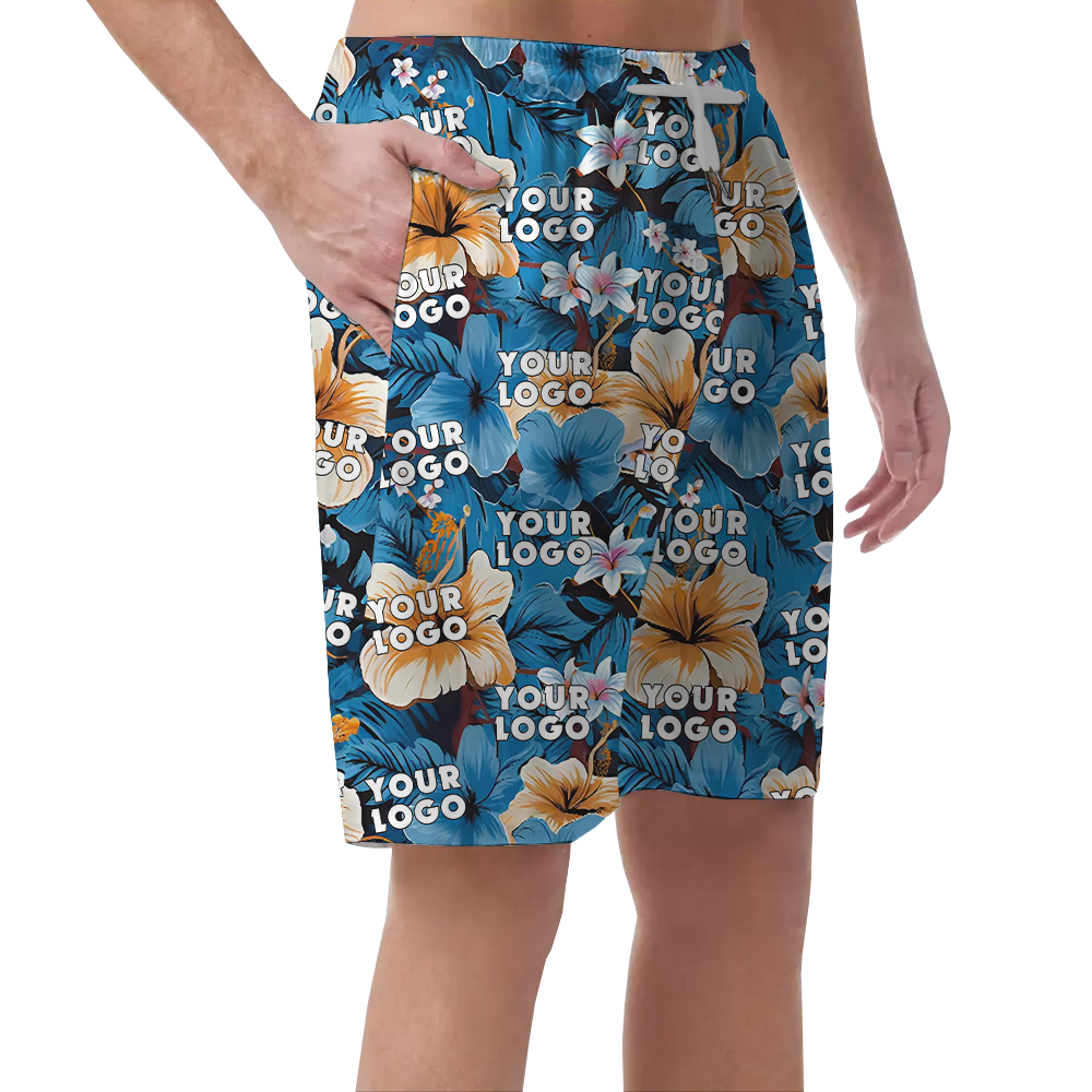 Blue Hibiscus Hawaiian Beach Shorts With Custom Logo