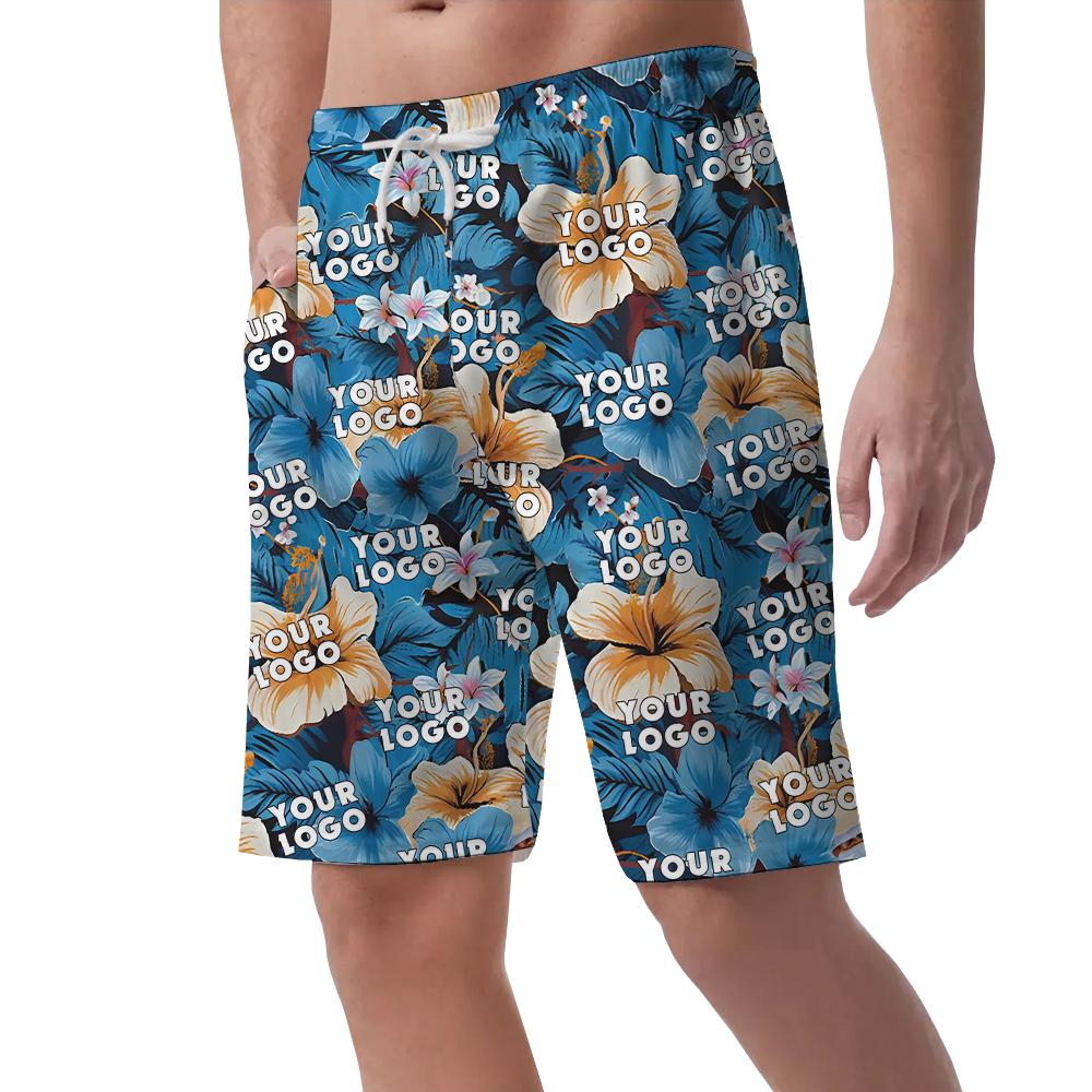 Blue Hibiscus Hawaiian Beach Shorts With Custom Logo
