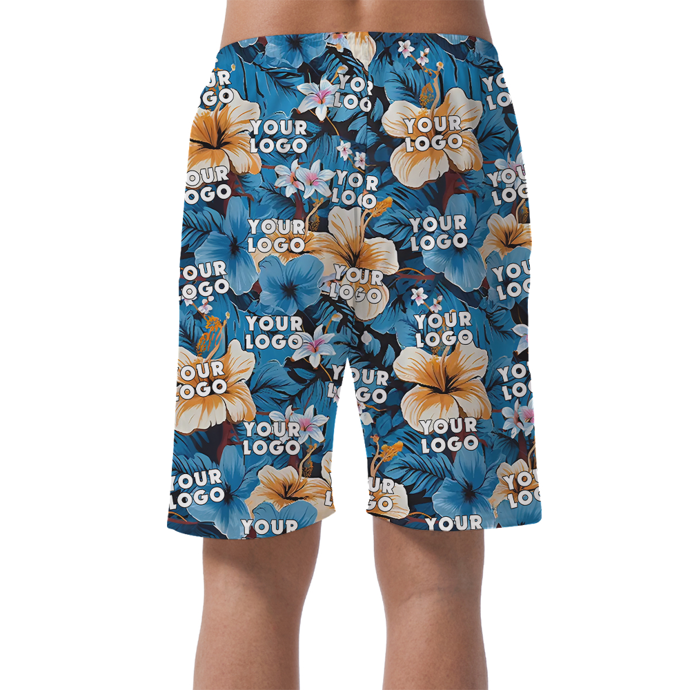 Blue Hibiscus Hawaiian Beach Shorts With Custom Logo