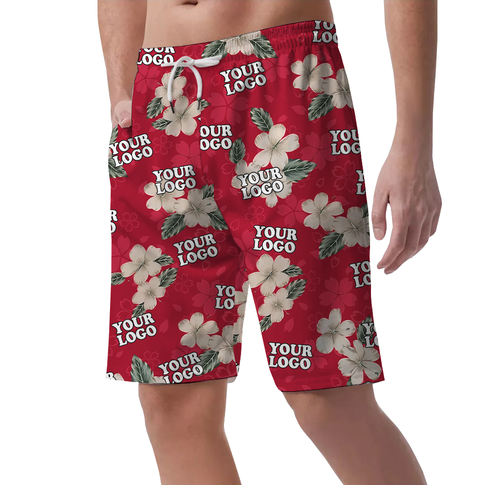 Custom Team Logo Floral Red Beach Shorts