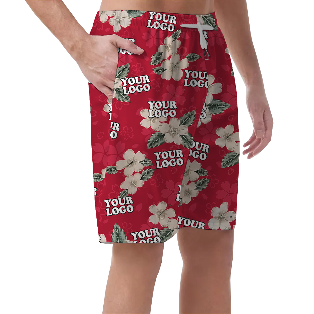 Custom Team Logo Floral Red Beach Shorts
