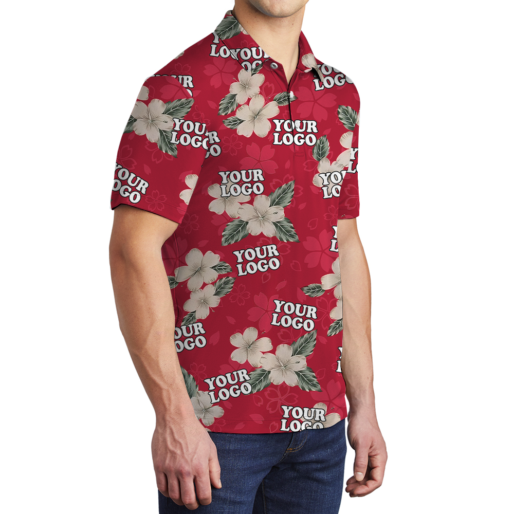 Classic Hibiscus Red Hawaiian Polo Shirt With Custom Logo