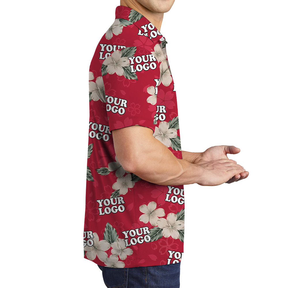 Classic Hibiscus Red Hawaiian Polo Shirt With Custom Logo