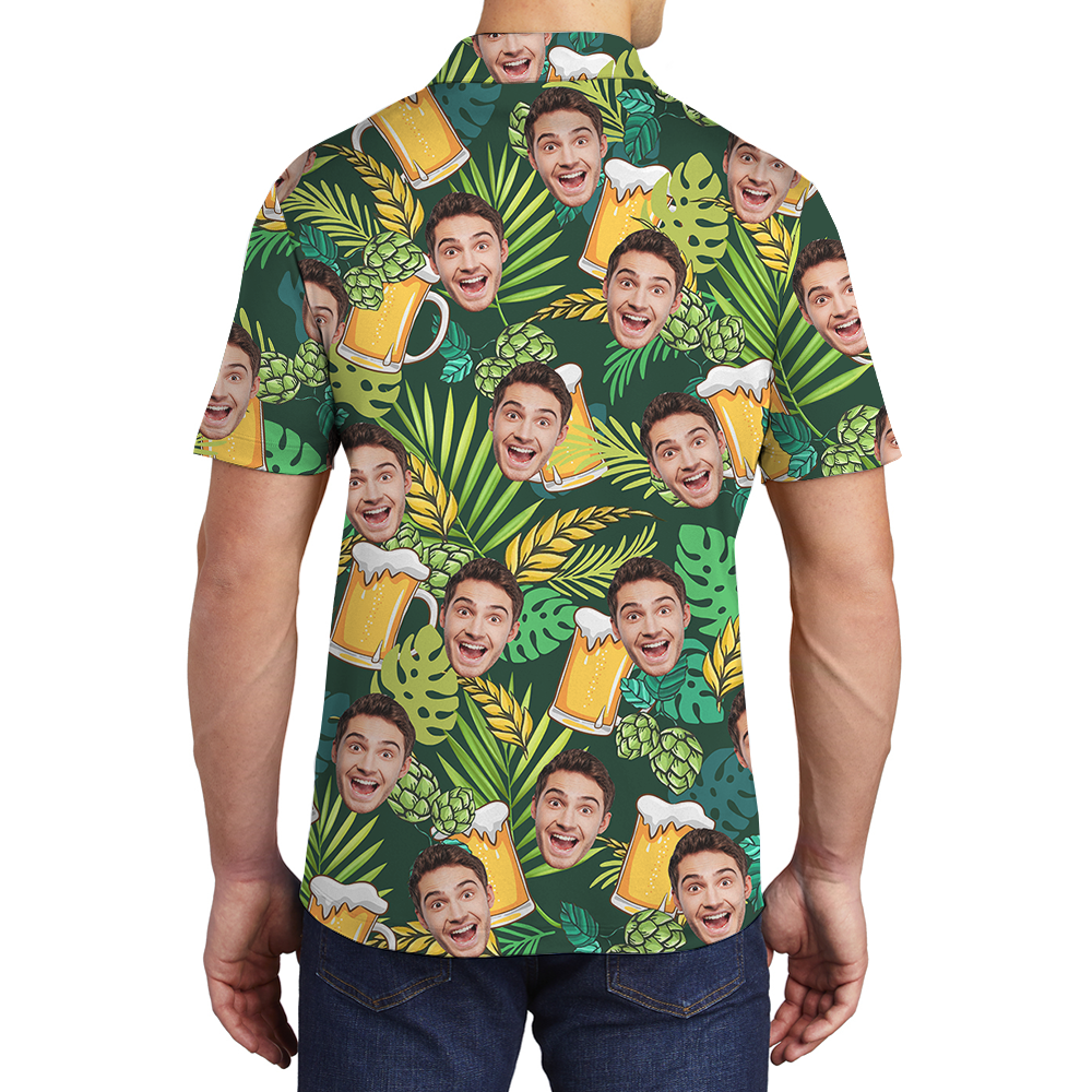 Custom Face Green Tropical Beer Hawaiian Polo Shirt