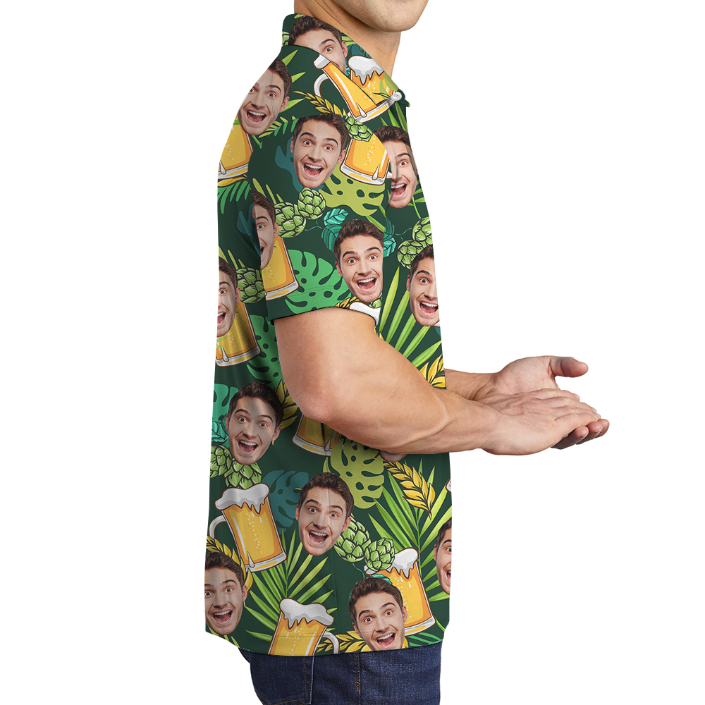 Custom Face Green Tropical Beer Hawaiian Polo Shirt