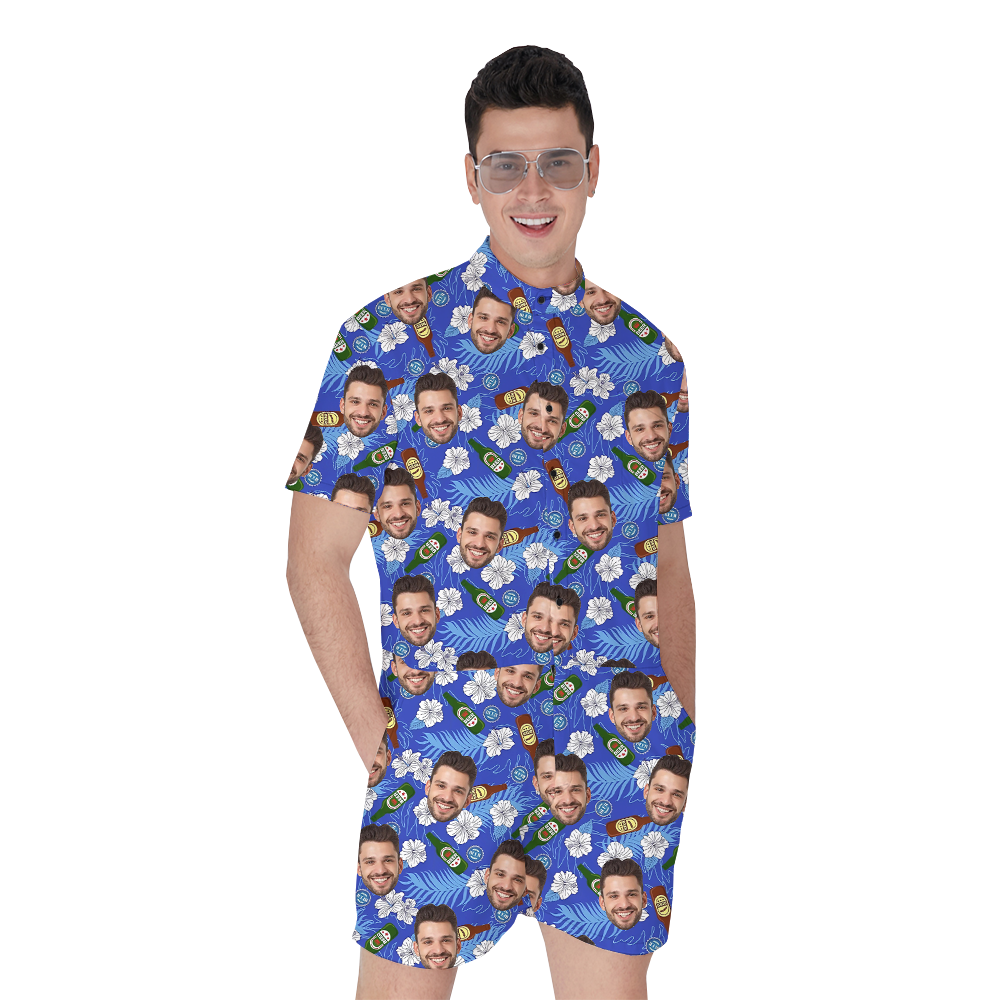 Custom Face Floral Beer Blue Men's Romper - variant image 1