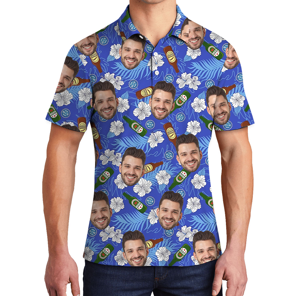 Funny Custom Face Beer Blue Hawaiian Polo Shirt - variant image 1