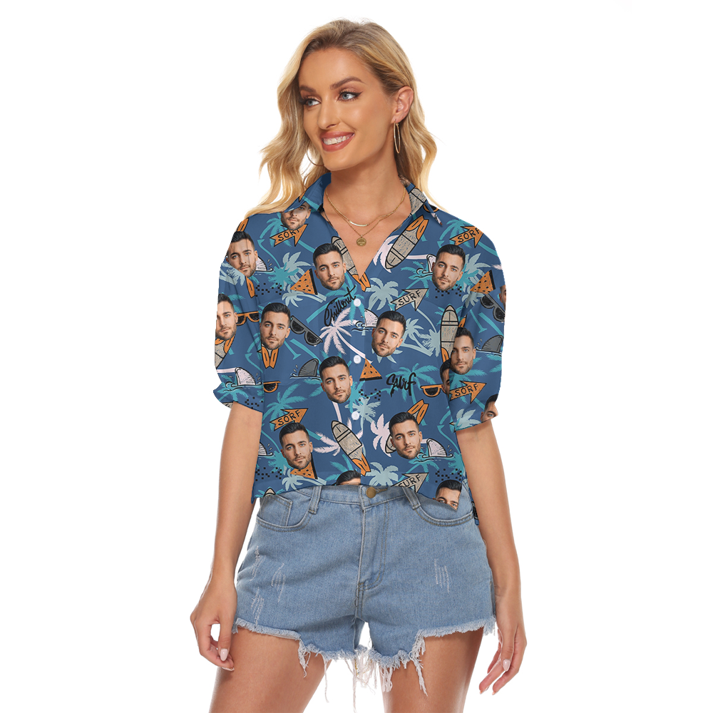 Tropical Surfing Blue Hawaiian Crop Top Shirt - variant image 1