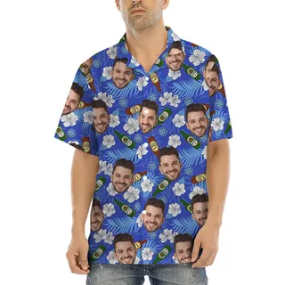 Custom Face Floral Beer Blue Hawaiian Shirt