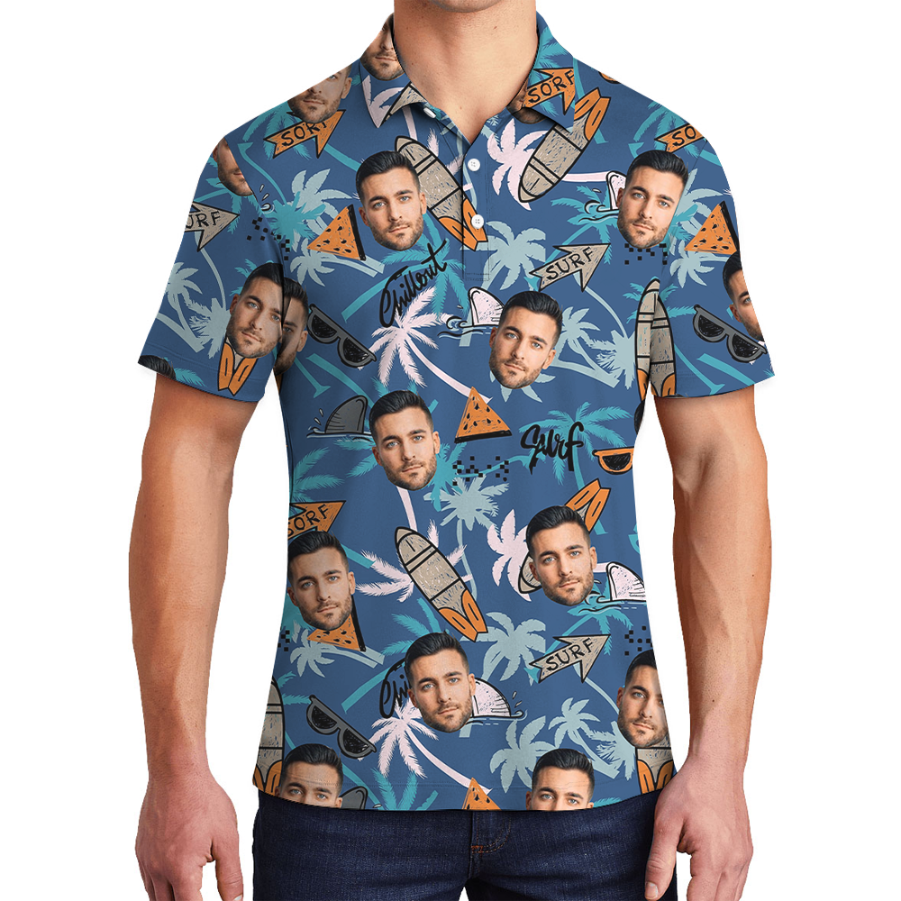 Vintage Blue Tropical Surfing Hawaiian Polo Shirt With Custom Face - variant image 1