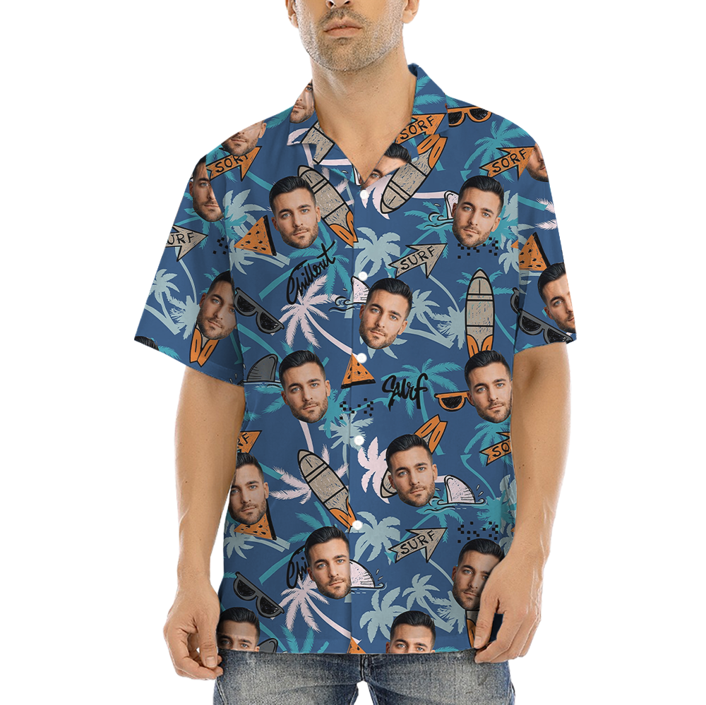 Custom Face Vintage Surfing Board Blue Hawaiian Shirt - variant image 1