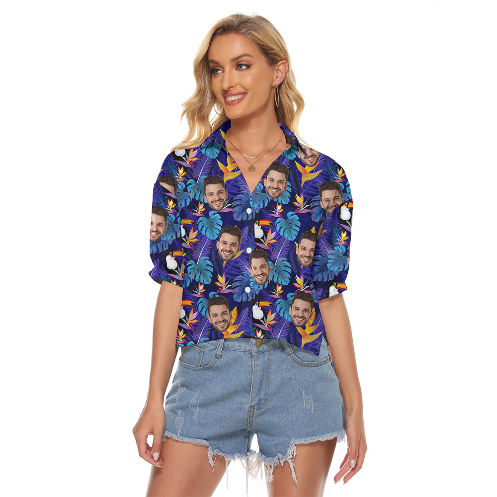 Purple Tropical Toucan Hawaiian Cropped Shirt With Custom Face - variant image 1