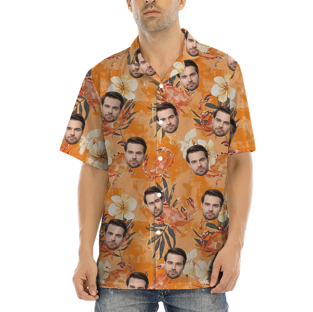 Funny Custom Face Floral Crab Orange Hawaiian Shirt - variant image 1