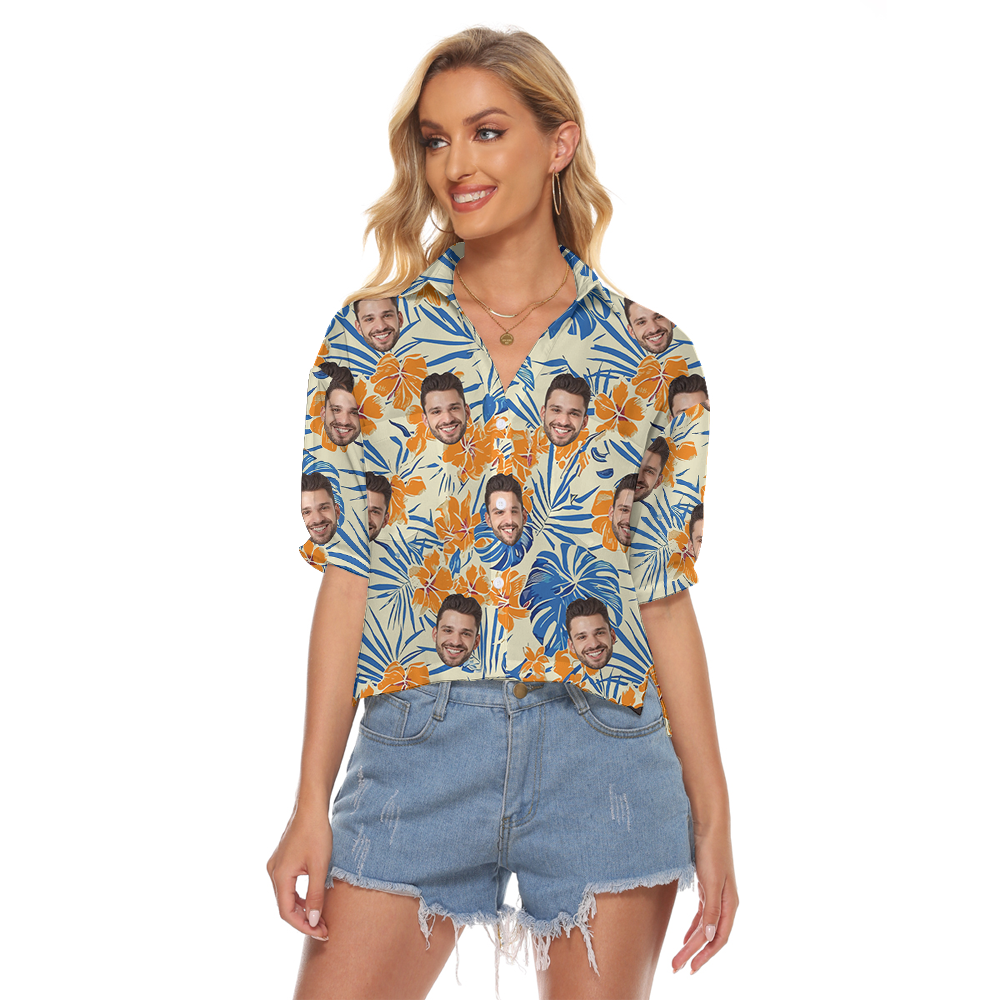 Custom Face Hibiscus Orange Hawaiian Cropped Shirt - variant image 1
