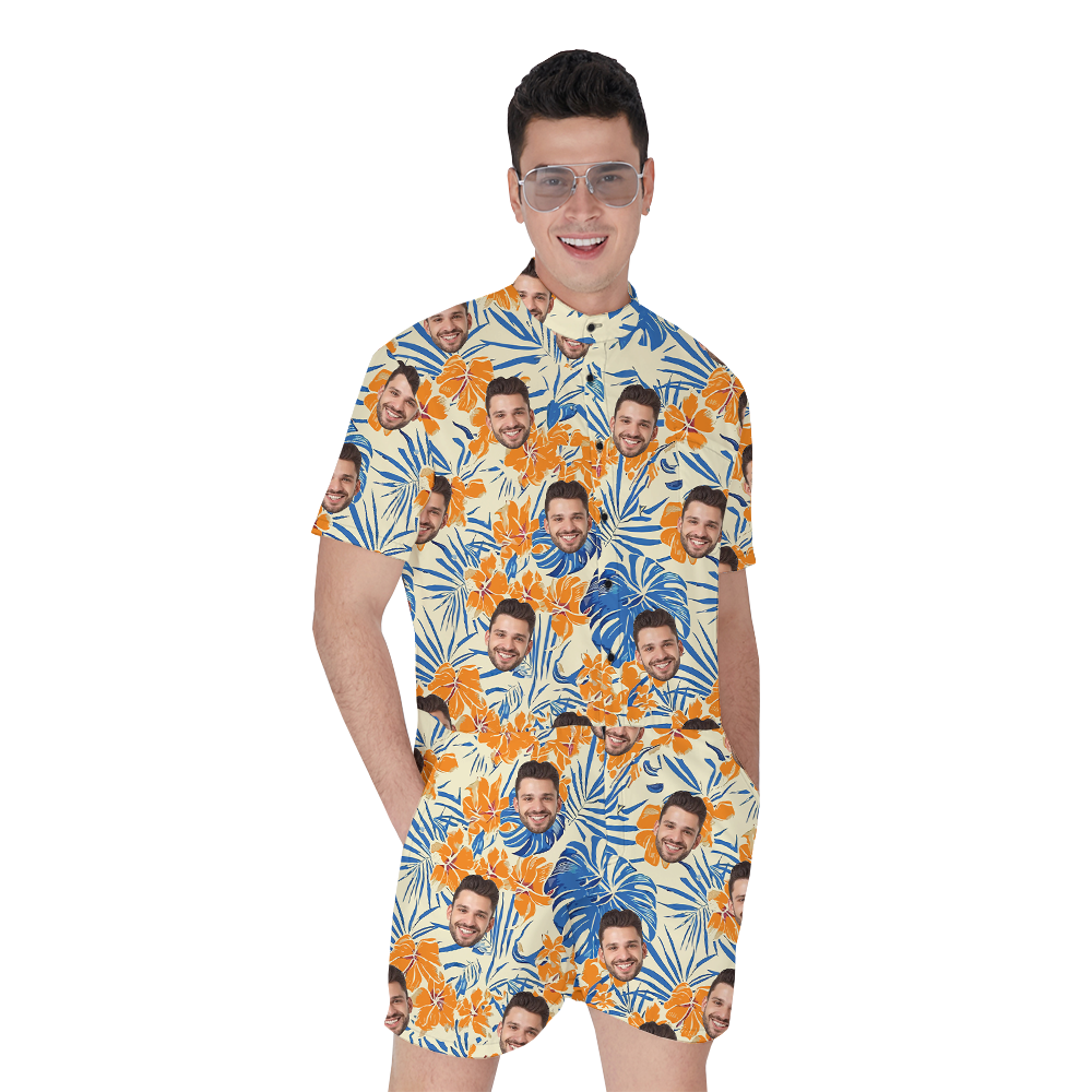 Custom Face Floral Orange Hawaiian Romper - variant image 1