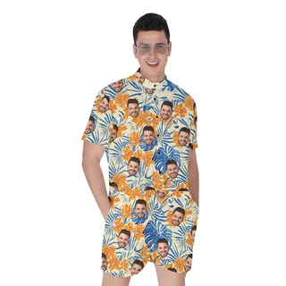 Custom Face Floral Orange Hawaiian Romper